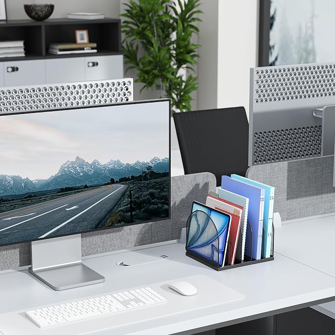 gianotter Desktop File Organizer, Desk Organizer with 5 Compartments, Paper Organizer for Desk, Workspace Organizers for Office Supplies (Black, Upright Style)