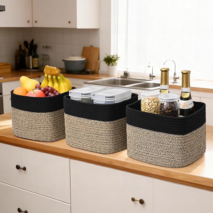 3 Pack Cube Storage Bin, 9”x9”x7” Cotton Rope Woven Baskets for Organizing Toys Clothes Towels, Square Gift Storage Baskets for Shelves, Nursery, Closet, Bathroom, Pantry (Black & Brown)