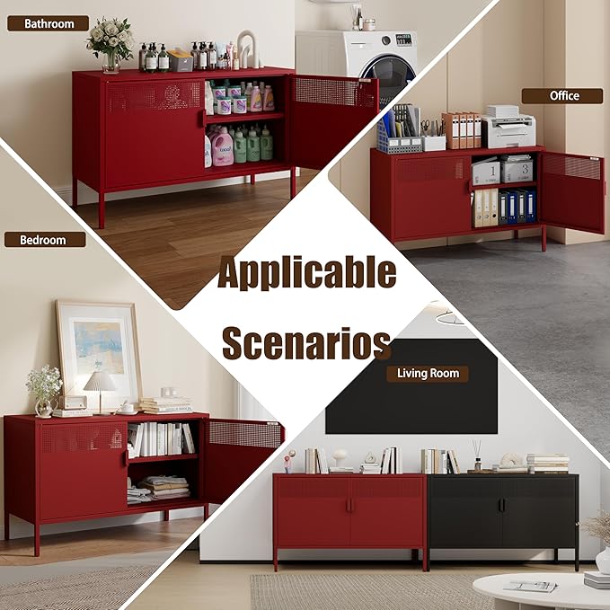 Metal Storage Cabinet with 2 Doors & Adjustable Shelves, Red | 25"H Accent Cabinet, Metal Locker Storage Cabinets, TV Stand Cabinet for Home, Office, Living Room, Entryway