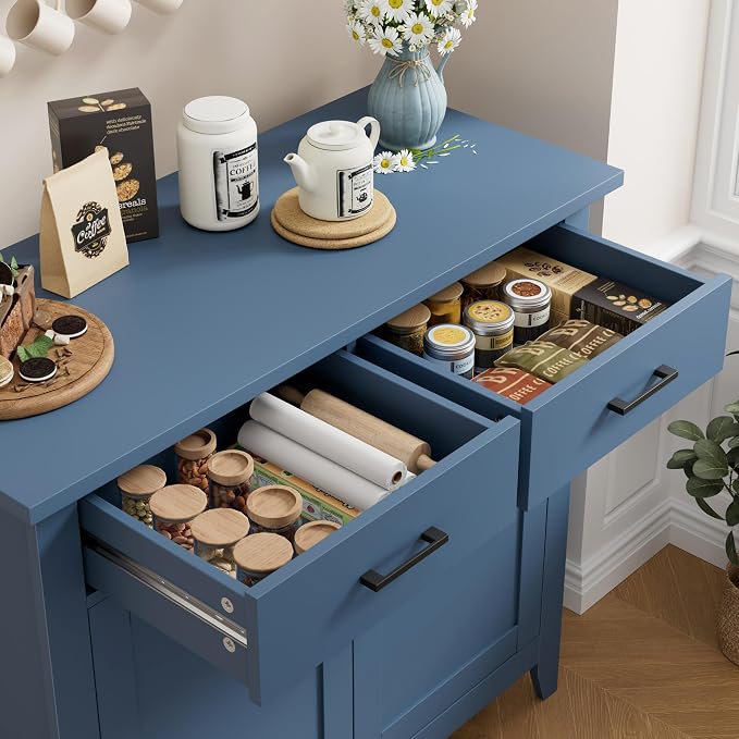 HORSTORS Farmhouse Kitchen Storage Cabinet, Small Buffet, Coffee Bar, Blue | Buffet Sideboard with 2 Drawers & 2 Doors, 35.8"W Coffee Table, Sapce-saving Kitchen Cabinet for Dining Living Room, Entryway