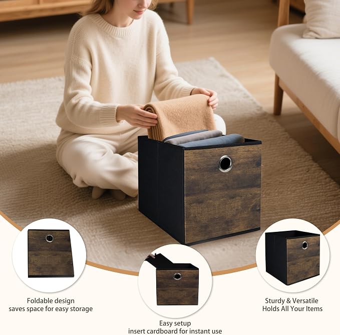 4 Pack Durable Storage Cube Bins with Decorative Wood Grain,Thickened Fabric Box,Storage Basket for Shelves,Closet,Storeroom,Bedroom,Living Room,Nursery,Office,Dorm,RV, 12x12x12in ( (Medium)
