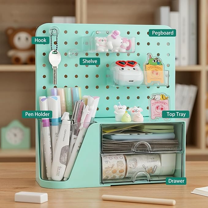 Comix Desk Organizer with 2 Drawer, Green 360° Rotating Pen Holder for Desk | Desk Organizers and Accessories with 5 Slots Pencil Holder+Pegboard+Drawer, Pen Organizer for Home School Art Office Supplies