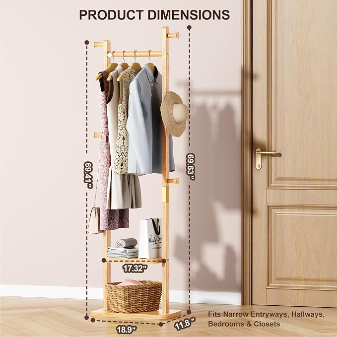 Solid Wood Coat Rack Freestanding, Clothing Rack with 5 Hooks & Bottom Shelf, Heavy Duty Coat Rack Stand for Hanging Clothes, Wood Hall Tree Organizer for Entryway, Bedroom (Natural Wood)