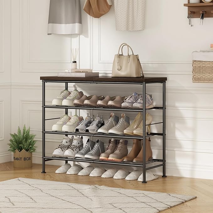SUOERNUO 4 Tier Shoe Rack Organizer for Closet Shoe Storage for Entryway | Free Standing with MDF Top Board,Sturdy Metal Frame, Ideal for Living Room,Hallway Black