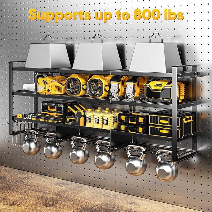 POKIPO 49.5" W Large Power Tool Organizer Wall Mount with Charging Station, 4 Tier Heavy Duty 12 Cordless Drills Holder Load 800 lb, Tool Battery Storage Rack Built in 8 Outlet Power Strip for Garage
