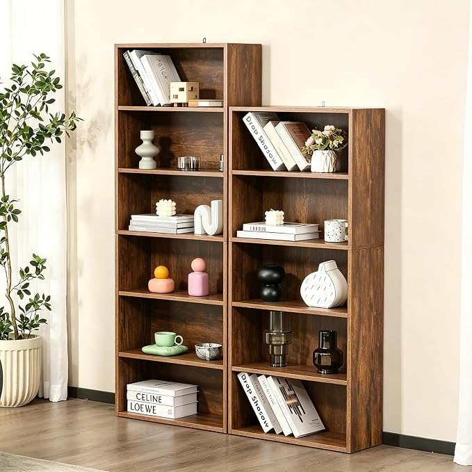 HealSmart 5 Tier Bookcase, Industrial 5 Book Shelf, 9.2" D x 23.8" W x 53" H Tall Open Cube Storage Organizer for Home Office, Living Room, Bedroom and Dinning Room, Brown