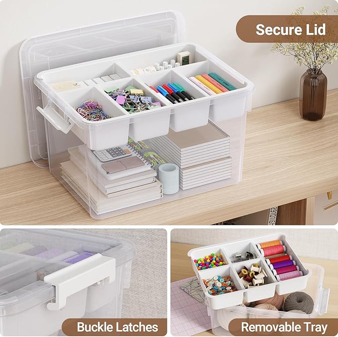 160Qt Stackable Storage Bins with Lids Trays Craft Box Organizers, 4Pack,WH | Clear Plastic Latching Boxes Organizers with Dividers Portable Containers for Arts & Crafts, Home Office Classroom Car Trunk