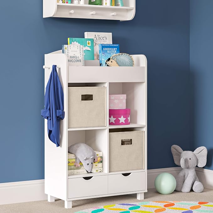 RiverRidge Folding Storage Bins - 4-pack of 10in Tall Taupe Cubes | Fabric Bins, Set of 4 Storage Cubes, Cut-out Handles, Playroom Closet Organizer, Collapsible Cubby with Bottom Board Insert