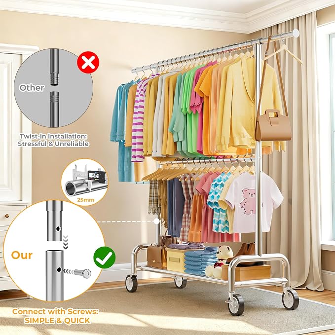 Heavy Duty Clothes Rack Load 860LBS, Double Rods Rolling Clothing Racks for Hanging Clothes, Rolling Garment Rack With Sturdy Wheels Shelves, Portable & Adjustable Commercial Garment Rack, Silver