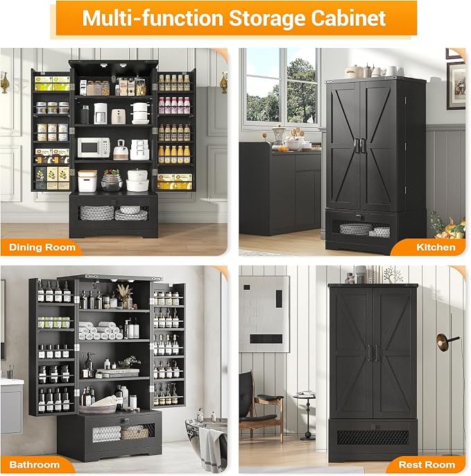kepptory Farmhouse Pantry Cabinet with Barn Door & Adjustable Shelves, Freestanding Kitchen Storage Cabinet for Dining Room, Bathroom, Hallway (Black)