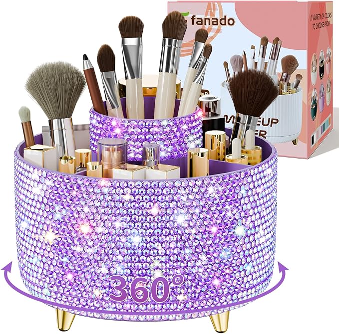 fanado Bling 360° Rotate Makeup Brush Holder Organizer, Makeup Organizers Countertop, Makeup organization and Skincare Storage for Vanity, Gift for Women Girls (Bling dz-Purple)