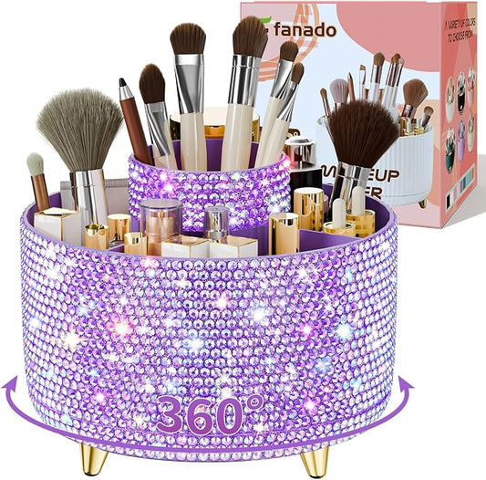 fanado Bling 360° Rotate Makeup Brush Holder Organizer, Makeup Organizers Countertop, Makeup organization and Skincare Storage for Vanity, Gift for Women Girls (Bling dz-Purple)