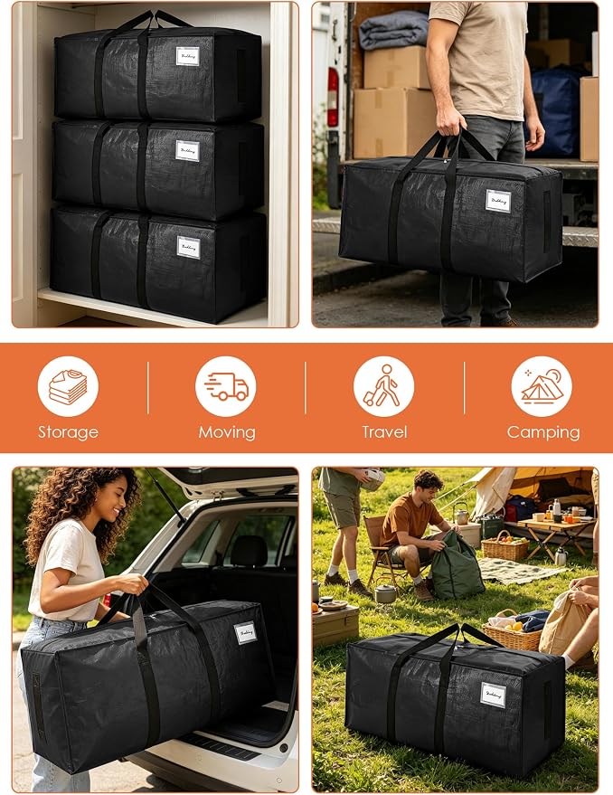 SWEET DOLPHIN 12 Pack 200LB Heavy-Duty Moving Bags with Wrap-Around Handles, Extra Large Storage Totes for Space Saving, Clothes Storage Bags, College Dorm Essentials, Black, 24 Gal