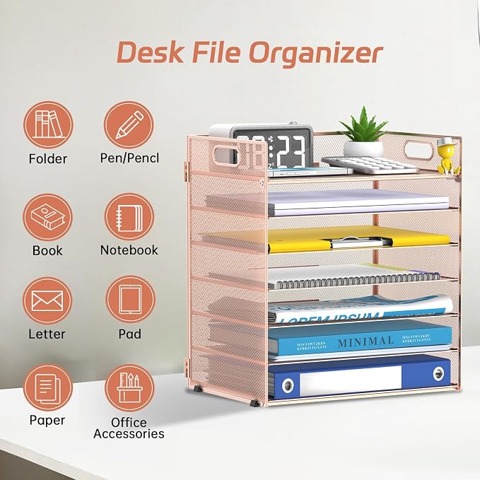7 Tier Paper Organizer for Desk with Letter Trays and Handle Rose Gold | Desk File Organizer with Handle for Sorting Papers, Files, Folders, Mail, Bills and Office Supplies