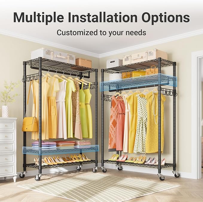 VIPEK R3 Plus Rolling Clothes Rack Heavy Duty Closet for Hanging Clothes | Lockable Silent Wheels, Adjustable Wire Shelving, Metal Side Hooks, Load 380lbs, Space-Saving Storage for Bedroom, Black