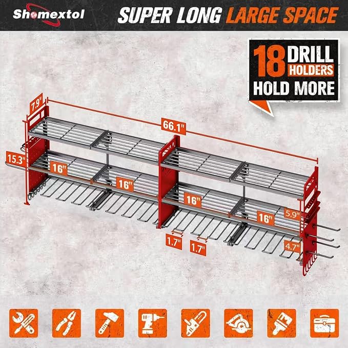 2 Pack Power Tool Organizer Wall Mount, 3-Layer,18 Drill Holders | Large 3-Tier Tool Storage Rack, Heavy Duty 600 lb Load Capacity for Garage Workshop, Black, Gift for Men