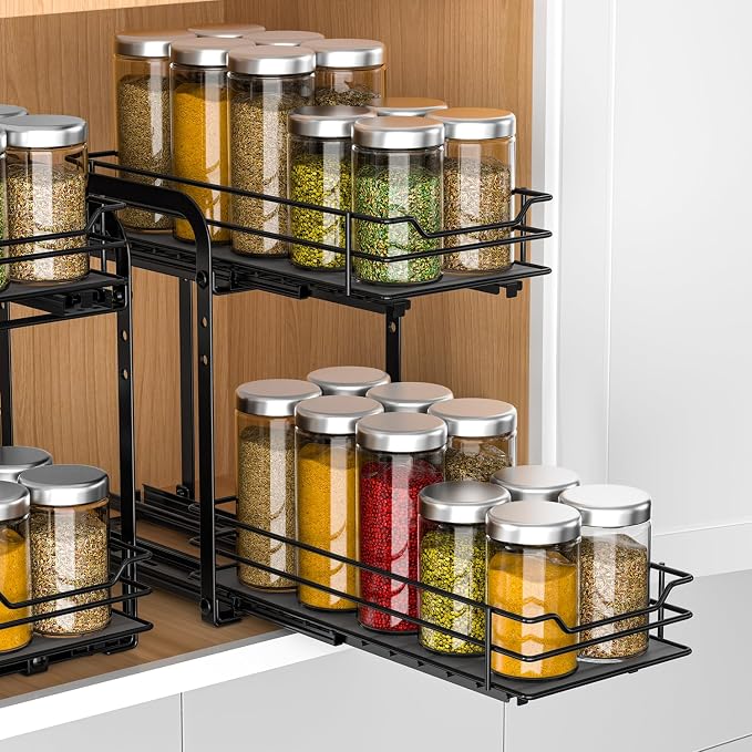RCHYFEED 2 Tier Pull Out Spice Rack for Inside Cabinets,5.5" Wx10.5 Dx9.5 H | Height Adjustable Spice Cabinet Organizer Heavy Duty Metal Pull Out Spice Rack Vertical Spice Shelf for Cabinets & Pantry