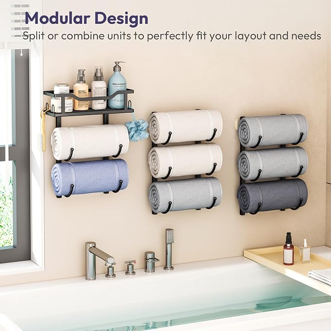 SWTYMIKI Over the Door Towel Rack - 9 Tier Towel Racks for Bathroom Wall Mounted, Towel Holder with Shelf, Hanging Rolled Towel Storage Organizer for Small Bathroom, Camper, RV, Black