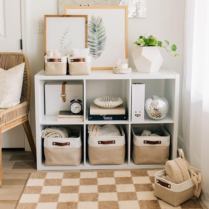 OrganiHaus 15x11in Canvas Storage Baskets 3 Pack - Fabric Bins for Shelves | Vegan leather handles; a decorative closet organizer for clothes, shoes, or toys; bedroom container