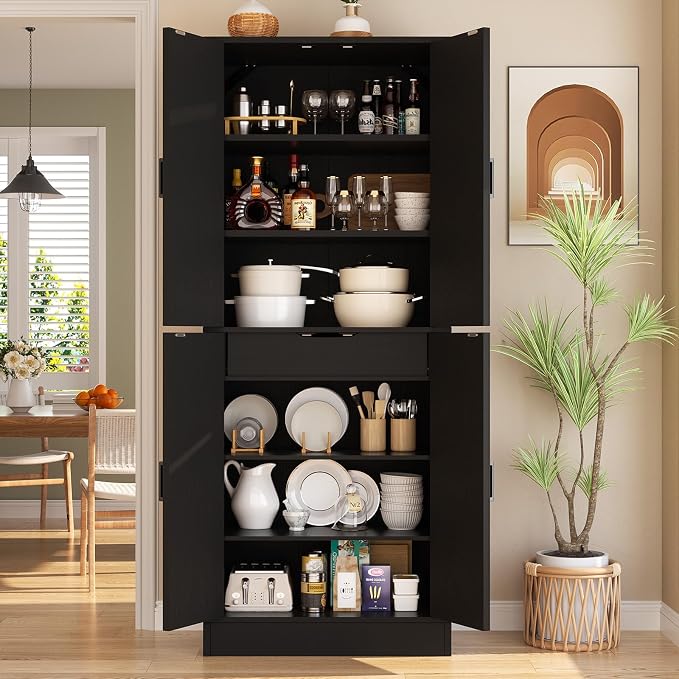Unikito Black 71" Tall Kitchen Pantry Cabinet, Hidden Drawer and Farmhouse Barn Doors, 4 Adjustable Shelves, Freestanding Cupboard for Kitchen, Dining Room, Living Room, Utility Room