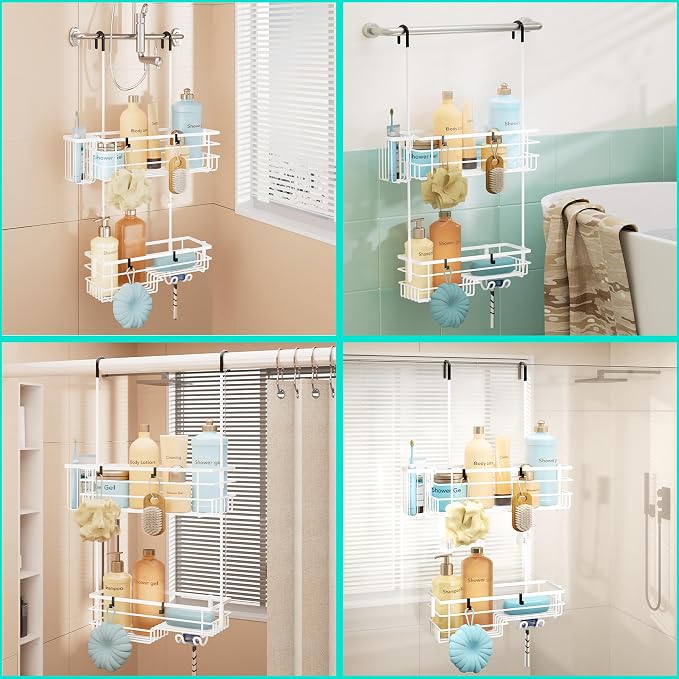 HapiRm Hanging Shower Caddy Organizer - No Drilling Shower Shelves with Hooks and Toothbrush Holder, Rustproof 304 Stainless Steel Bathroom Organizer - White