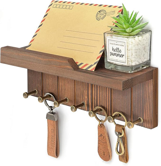 Rebee Vision Key Holder Wall Mount with 7 Hooks for Home Decor, Retro Brown | Key Holder for Wall, 7 Hooks, Charming Wall Shelf, Hat Hanging, Small Item Storage, Stylish Home Decor, Rustic Organizer