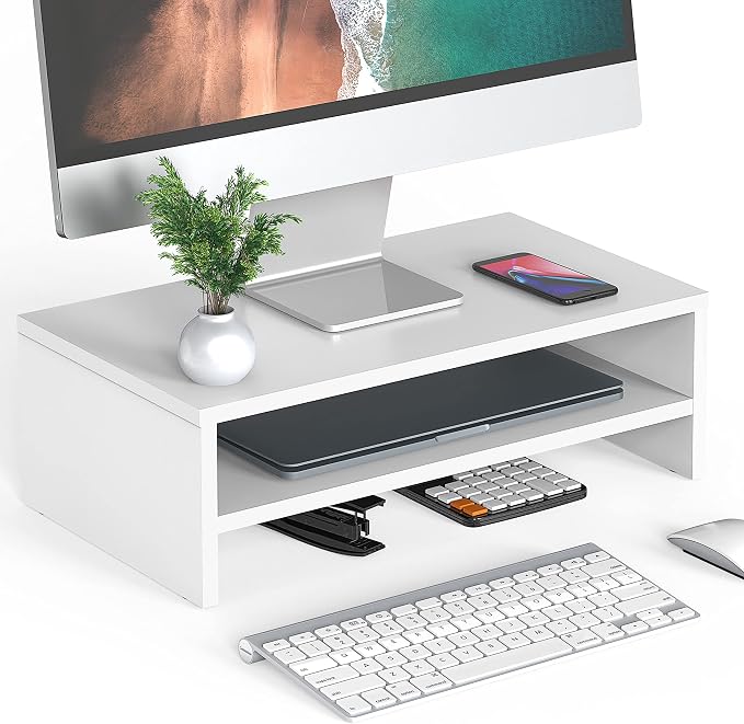 FITUEYES Wooden Monitor Stand Riser, 2-Tier Desk Storage Shelf, White | 16.7-Inch Desktop Organizer Fits Laptop, Computer Screen and Office Supplies