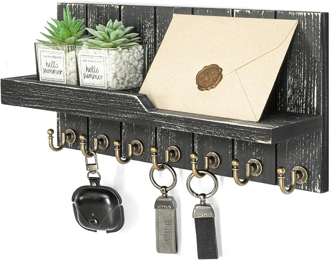 Rebee Vision Rustic Key Holder Wall Mount for Home Decor, Old Black | Farmhouse Key Holder for Wall, Floating Shelf, Plant Display, 7 Key Hooks, Mail Organizer, Apartment Storage, Home Accent