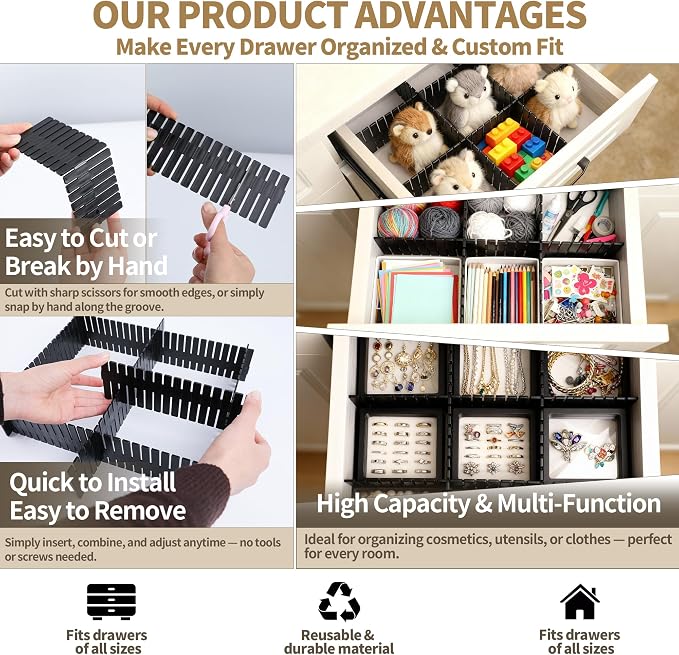 Drawer Divider Adjustable Diy Storage Organizer Separator for Tidying Clutter Cutlery Makeup Clothes of Dresses, Desk & Box in Kitchen Bathroom Bedroom Office (Cut at Will) (Black 8pcs)