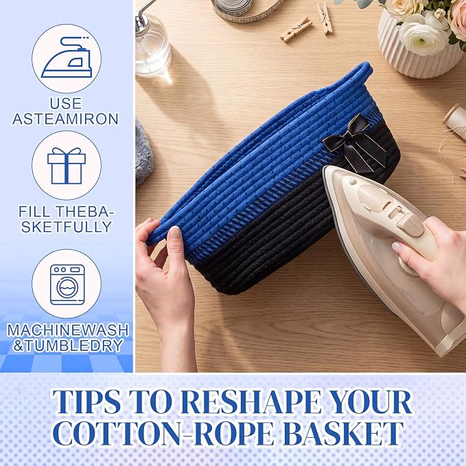 Colingmill 1 Set Woven Empty Basket for Gift,Blue Black | with Cellophane Wrap Set, 14 x 10 x 5.5 Inch, Medium Decorative Gift Basket, Cotton Rope Storage Box, Home Decor