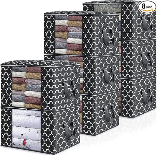 WISELIFE Storage Bags 100L 8-Pack Large Blanket Clothes Organization and Storage Containers for Bedding, Comforters, Foldable Organizer with Reinforced Handle, Clear Window, Sturdy Zippers, Black