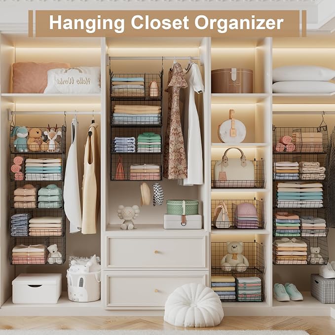 5 Tier Extra Large Closet Hanging Organizer with 5 Dividers,16.5"L x 11.8"W x 51.4"H Closet Organizers and Storage with 5 S Hooks,Clothes Organizer for Sweaters Clutches Handbags Hats Accessories