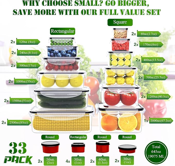 RockBerry 66 Pcs Food Storage Containers with Lids Airtight | Total 19075ML Stackable Kitchen Bowls Set(31 Containers,31 Lids) BPA Free Leak proof Plastic Boxes-Microwave safe
