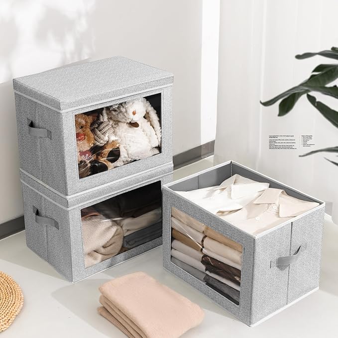 Homsorout Fabric Storage Bins with Lids, Large Storage Cubes with Window, Fabric Storage Baskets Bins for shelves, Closet Storage Boxes for Clothes, Towel, Office, 4 Packs, Blended