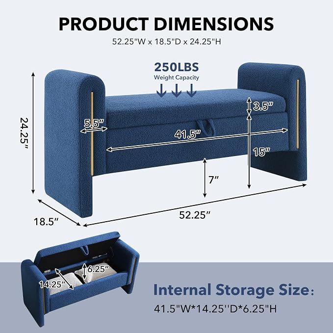 NIOIIKIT 52" Storage Ottoman Bench, Teddy Upholstered Storage Bench with Armrest, Entryway Bench with Pull-Ring, End of Bed Bench, Window Bench for Living Room (Blue)
