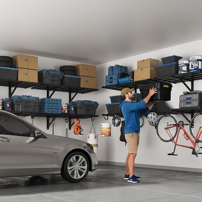 FLEXIMOUNTS 4-Pack 2x4ft Garage Wall Shelving, 8 Hooks, Heavy Duty, Black | Heavy Duty Garage Shelving Wall Mounted, 400lbs Capacity, Storage for Power Tools, Garden Supplies, Storage Bins, Lite Series