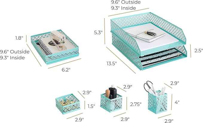 BLU MONACO | Aqua Desk Organizer Set for Women 6 Piece | Mail Sorter Organizer Countertop with Letter Sorter for Desk | Standing File Organizer with Mesh Pen Holders