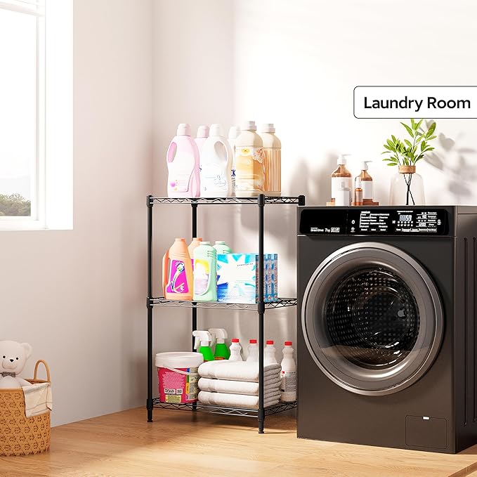 M MZG 3 Tiers Shelf Metal Storage Shelves Wire Rack Closet Organizers with Wheel for Garage Kitchen Bathroom Laundry Black 11.8" D x 17.7" W x 28.8" H