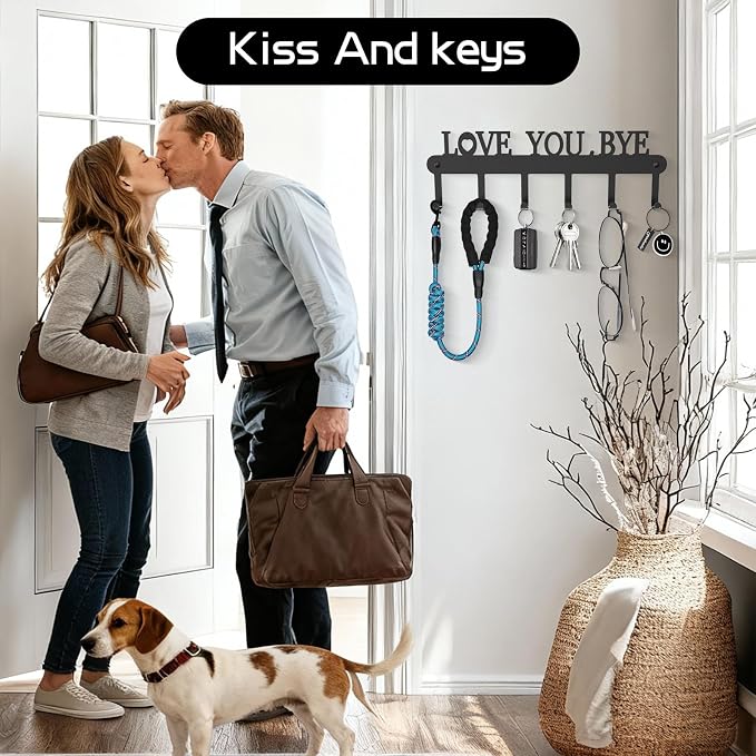 Key Holder for Wall - 'Love You Bye' Key Hooks, Black, 6 Hooks | Key Holder Wall Mount Self Adhesive, Key Rack Wall Mount for Wall No Drill for Living Room, Kitchen, Bathroom, Garage