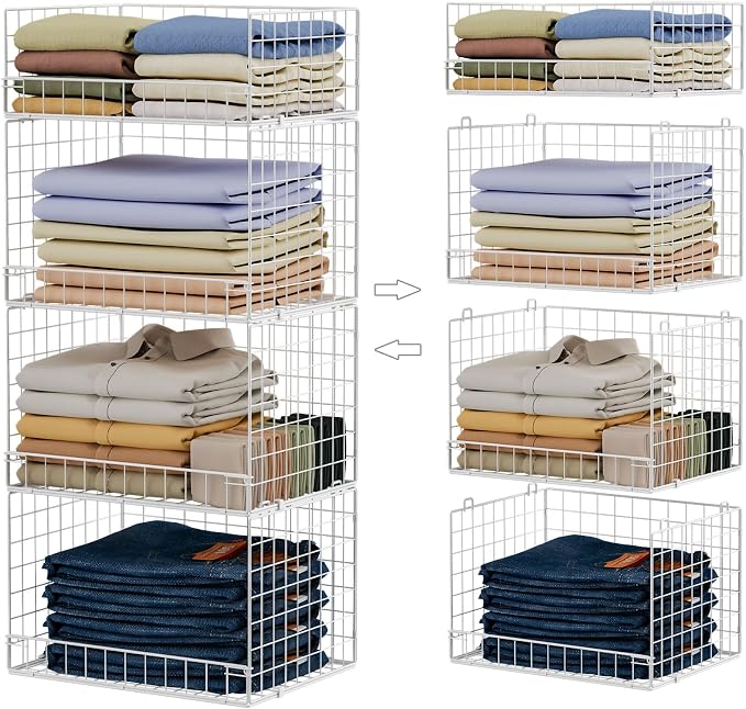Yociyoga 4 Tier Stackable Closet Organizers and Storage Shelves, Foldable Closet Shelf Organizer System, Stackable Storage Bins Drawers for Clothes Organizer System, White（Patent No. 30022416）