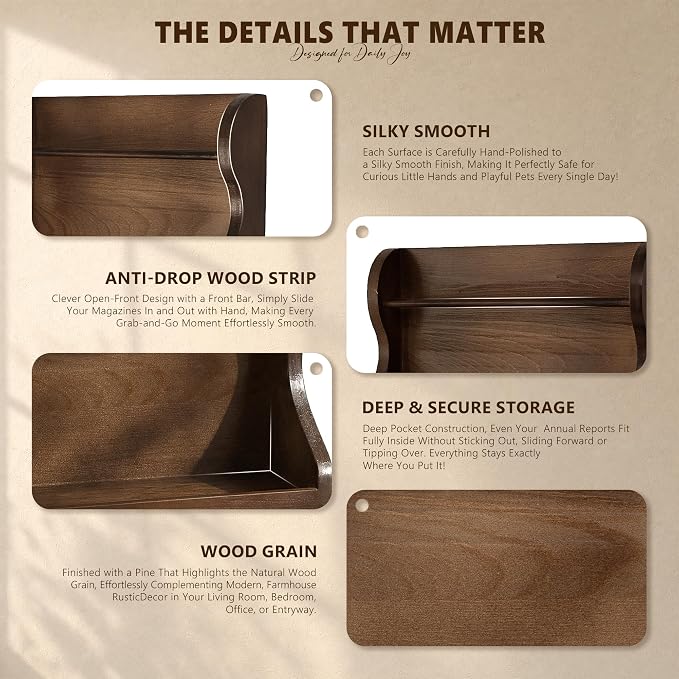 Pine Wood Mail Organizer Wall Mount with 7 Key Hooks for Entryway, Brown | Decorative Mail Holder for Wall, Living Room, Rustic Magazine Holder for Paper, Bill Storage, Home Decor, Apartment Aesthetic
