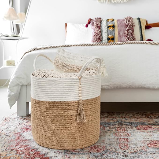 Mkono Woven Storage Basket Decorative Rope Basket Wooden Bead Decoration for Blankets,Toys,Clothes,Shoes,Plant Organizer Bin with Handles Living Room Home Decor, 15"Wx17.7"L,White and Yellow | Cream White and Brown, Decorative Basket with Handle, Wood ...