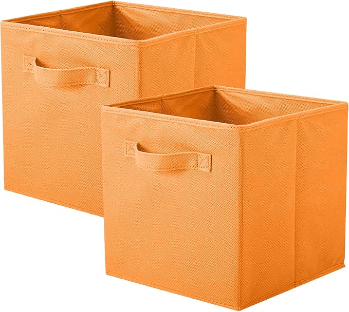 PowerKing Collapsible Storage Cubes, Farbic Storage Bins, Orange, 2 Pack | Sturdy, Lightweight, Easy Pull Handle, Closet & Shelf Organizer, Clothes and Toys Storage, 10.5'' x 11'' x 10.5''