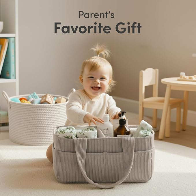 PUTSKA Baby Diaper Caddy Organizer, Nursery Basket, Gray Corduroy