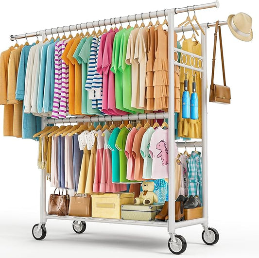 Heavy Duty Clothes Rack Load 1060LBS, Four Rods Rolling Clothing Racks for Hanging Clothes, Rolling Garment Rack With Sturdy Wheels Shelves Hooks, Portable & Adjustable Commercial Garment Rack, White