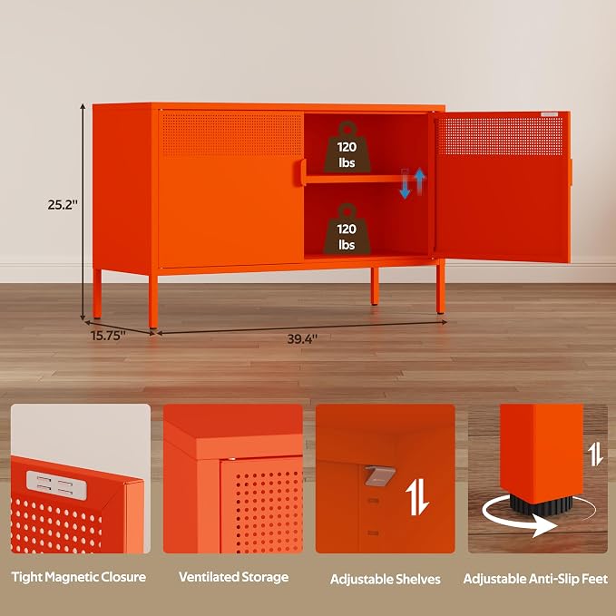 Metal Storage Cabinet with 2 Doors & Adjustable Shelves, Orange | 25"H Accent Cabinet, Metal Locker Storage Cabinets, TV Stand Cabinet for Home, Office, Living Room, Entryway