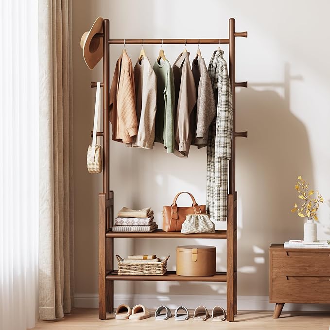Yoobure Solid Wood Clothing Rack with Shelves - Coat Rack Freestanding with 6 Hooks, 3-in-1 Hall Tree for Hanging Clothes, Tall Garment Racks with Storage for Bedroom, Entryway, Living Room, Closet