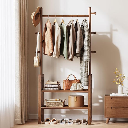 Yoobure Solid Wood Clothing Rack with Shelves - Coat Rack Freestanding with 6 Hooks, 3-in-1 Hall Tree for Hanging Clothes, Tall Garment Racks with Storage for Bedroom, Entryway, Living Room, Closet
