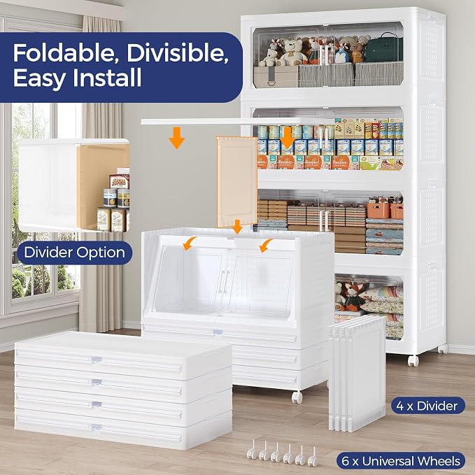 150GAL Extra Large Storage Bins with Lid, 600Qt Stackable Closet Organizers and Drawers, Collapsible Storage Bins with Wheels, Folding Containers for Home, Kitchen Office, 3Pack White