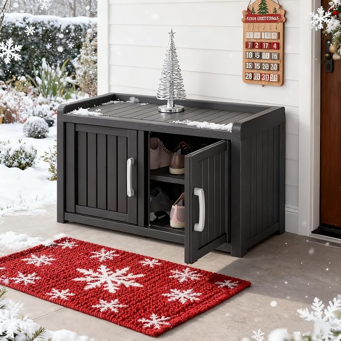 Outdoor Shoe Storage Cabinet, Waterproof UV-Resistant Entryway Storage Bench Indoor Outdoor with 2 Barn Doors, Adjustable Shelves for Entryway, Bedroom, Hallway,Living Room(Classic Black)